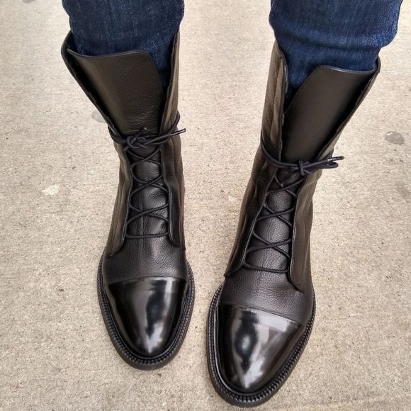 INCH2 Shoes - INCH2 Black Pebble Leather Lace Up Combat Boots 39